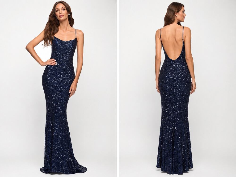 La Femme Scoop Neck Sequin Prom Dress Size 4 Mermaid Maxi Navy 30707SC